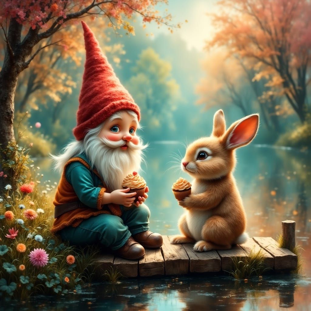 Whimsical Gnome Friends Savor Cupcakes by a Serene Lake