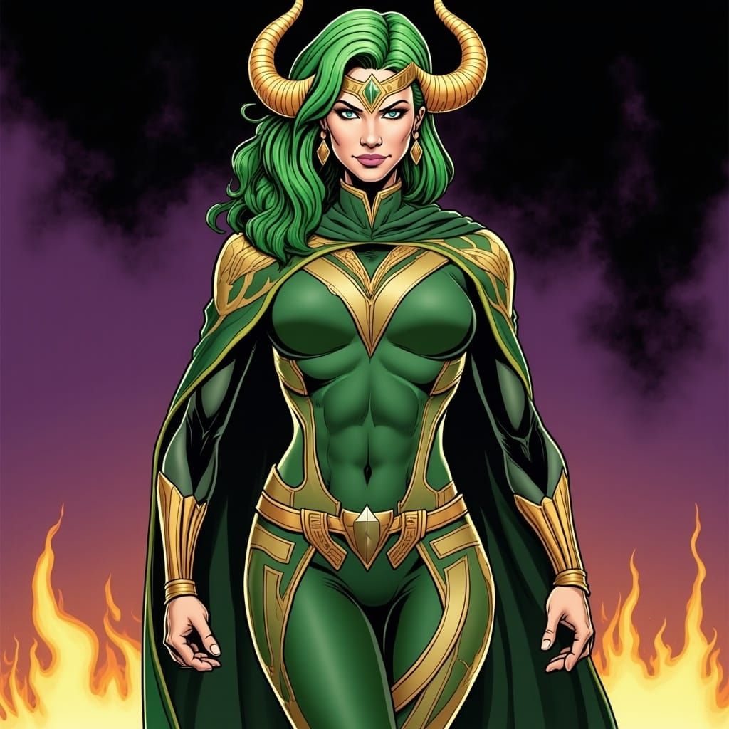 Confident Superhero with Horned Headpiece in Fiery Ambiance