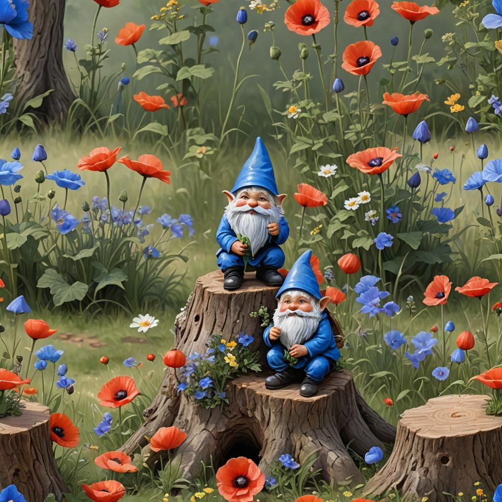 One gnome, wearing Blue, sitting on a stump, smelling a popp...