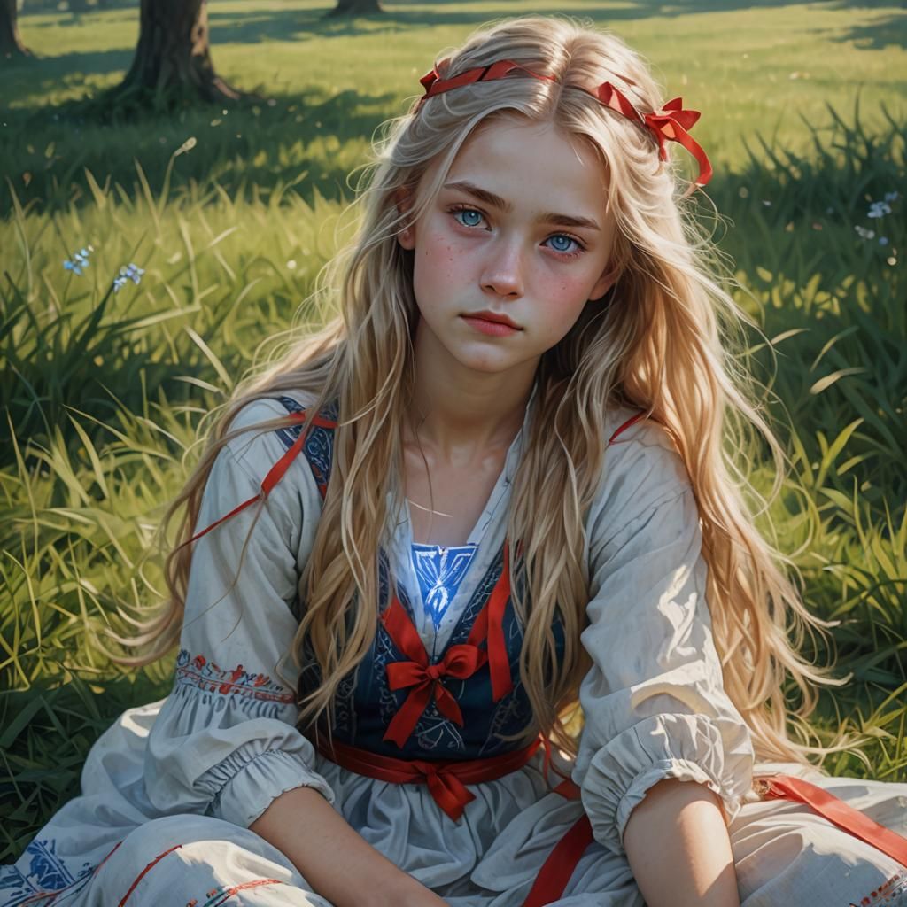 Посреди пышного зеленого поля 18-летняя славянская блондинка ростом 165 см, с длинными волосами, вплетённой красной лент...