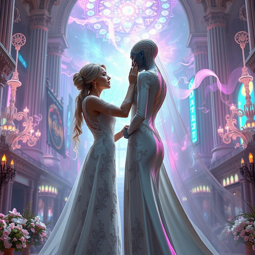 Ethereal Lesbian Wedding in a 2350 Utopia, Cyberpunk Style