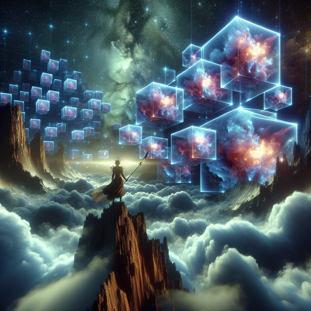 Starry Night Cubes with Asian Warrior in Hyperrealism