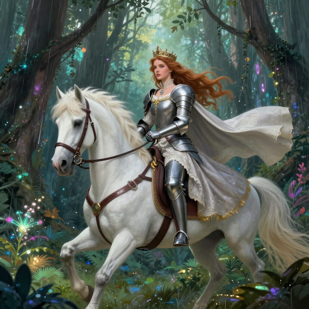 Elegant Queen Rides Armored Horse Through Enchanted Rainfore...