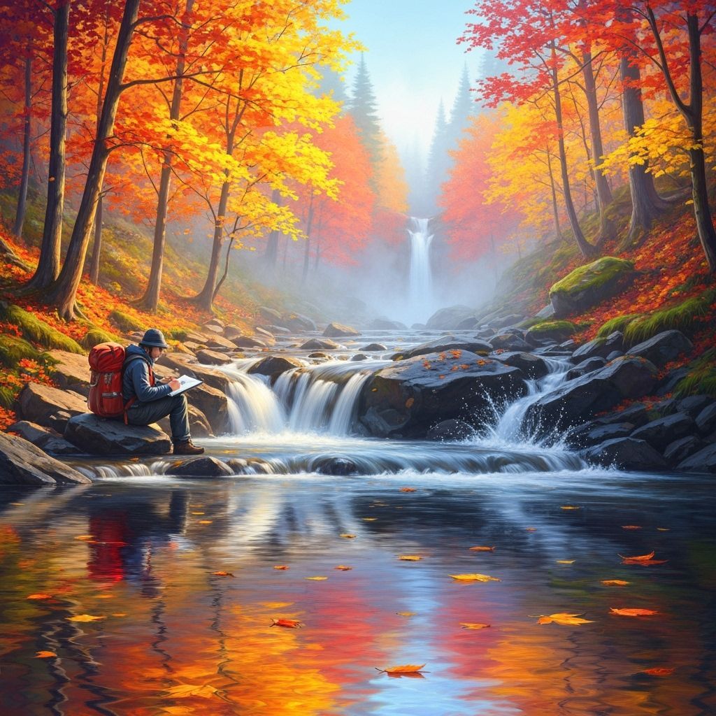 Traveler Sketches Mountain Cascade Amidst Vibrant Autumn For...