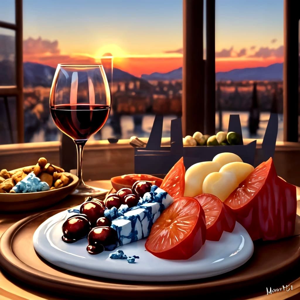 French Red Wine and Blue Cheese in Golden Hour