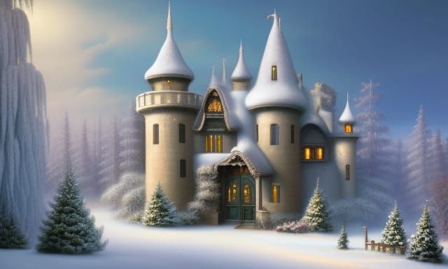 In the style of mark ryden and nicoletta ceccoli, fantasy castle in a majestic snowy forest, Beautiful silver winter set...