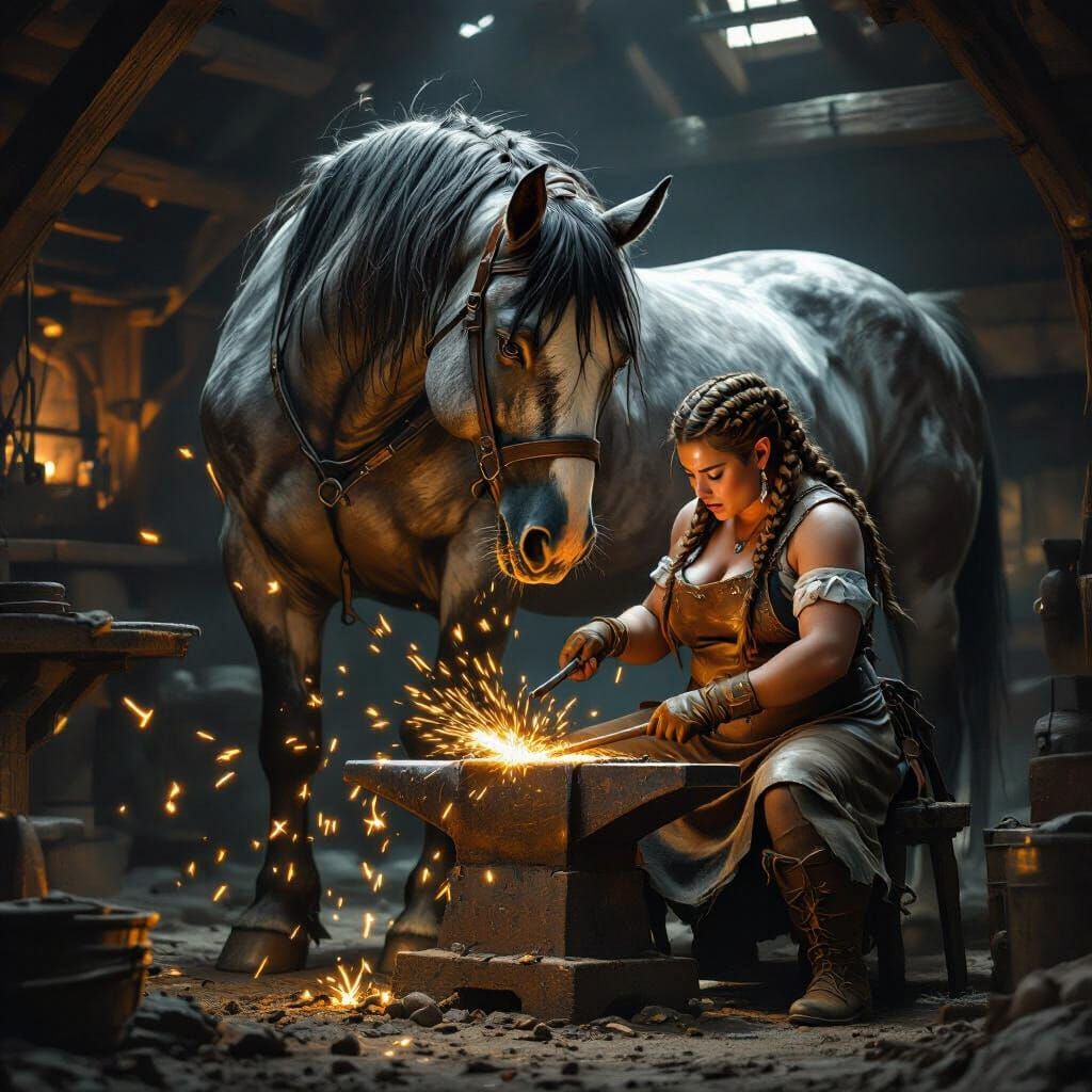 Dwarf Blacksmith Shoeing Horse in Dimly Lit Stable