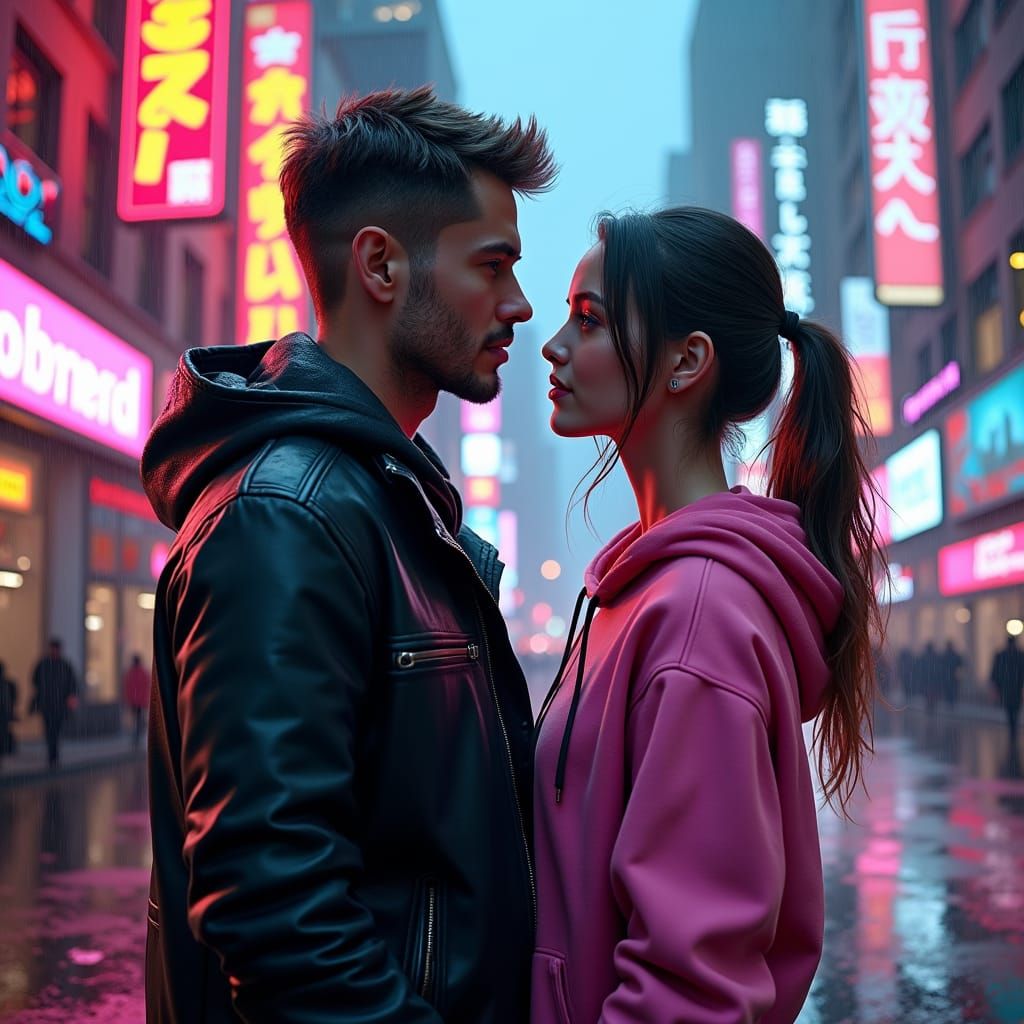 Cyberpunk Couple Embrace in Neon Cityscape