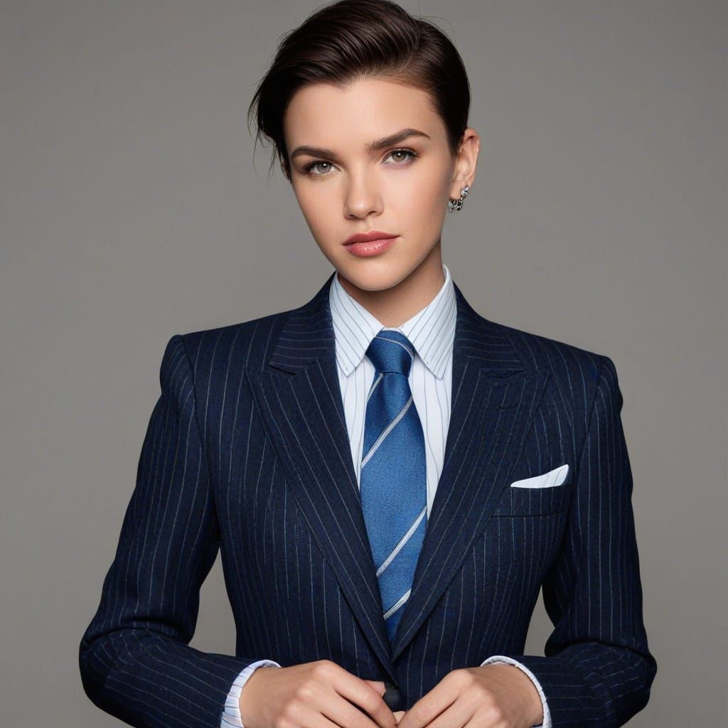 Ruby Rose in Pinstripe Suit with Blue Tie