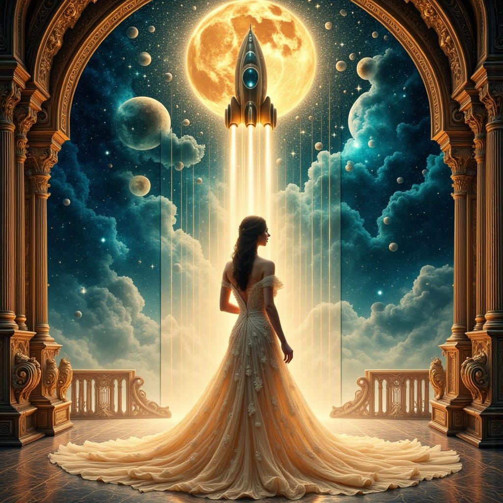 Art Nouveau Singer on Stage with Rocketship in Cosmic Sky