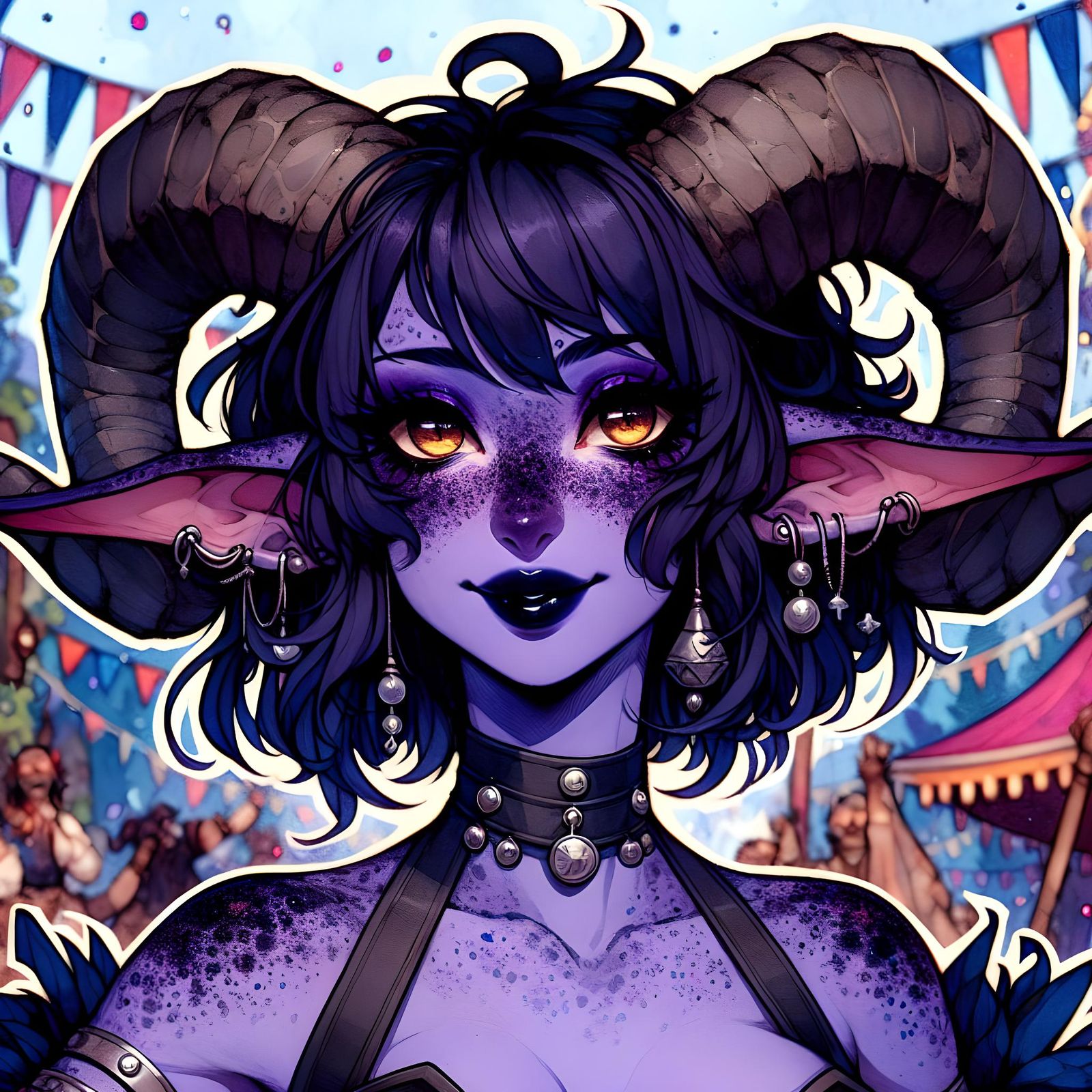 Anime-Style Tiefling Character at a Festival