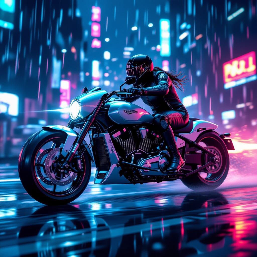 Futuristic Motorcycle Speeds Through Neon City at Night