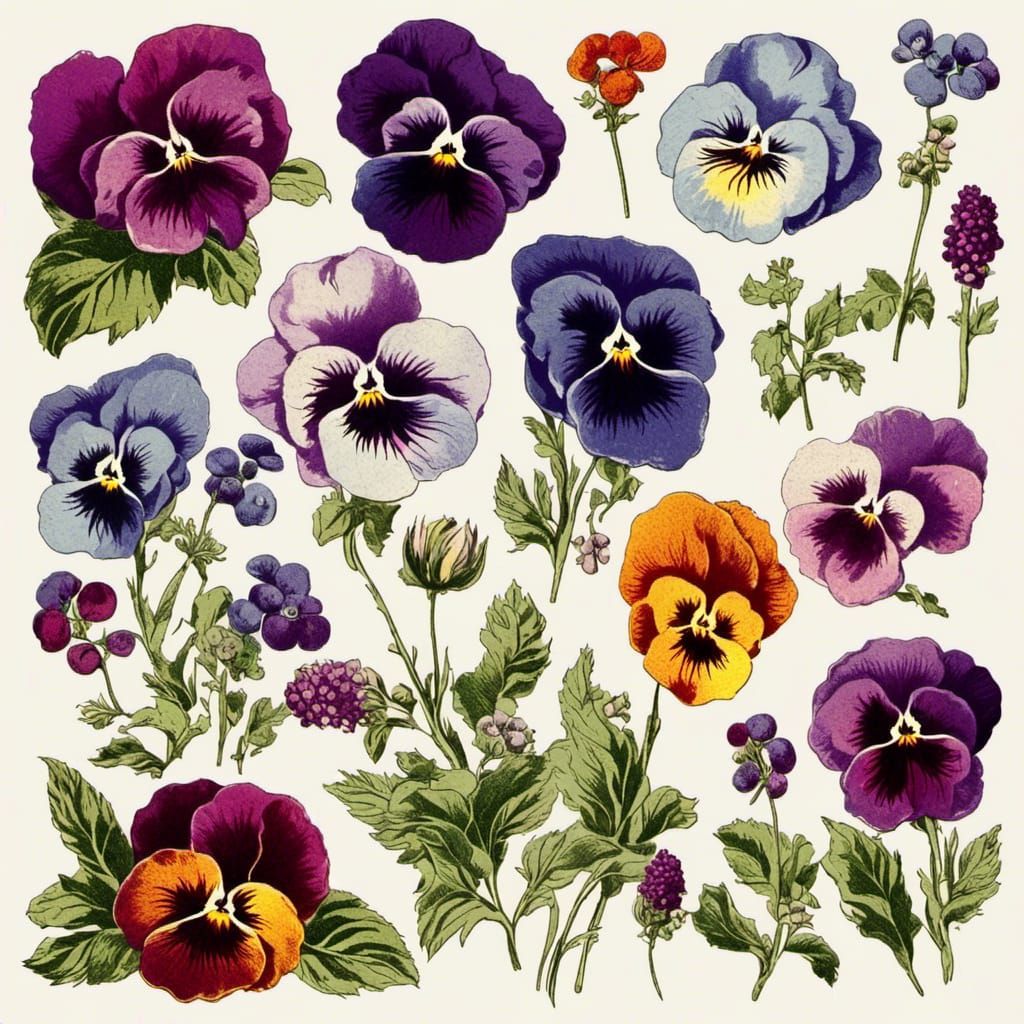 Vintage Floral Pansy Clip Art Illustration