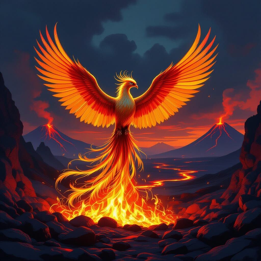 Majestic Phoenix Rises from Embers in Volcanic Landscape