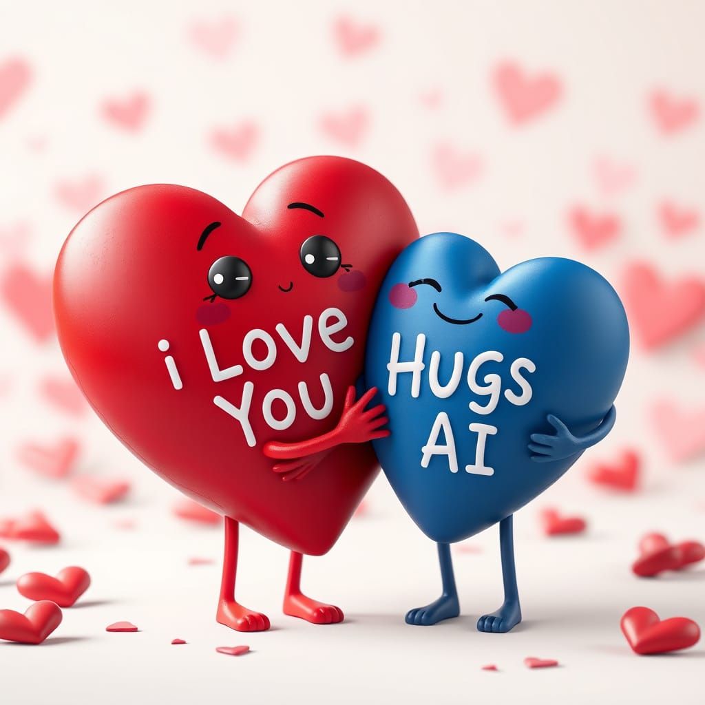 Hyperrealistic Valentines Day Hearts Hug Each Other