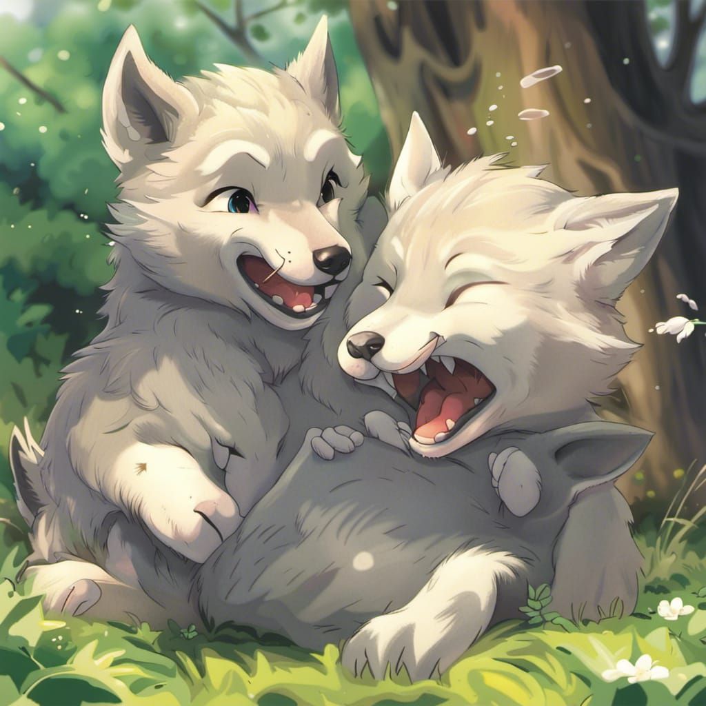 Wolf Cubs Playing: Anime-Style Art