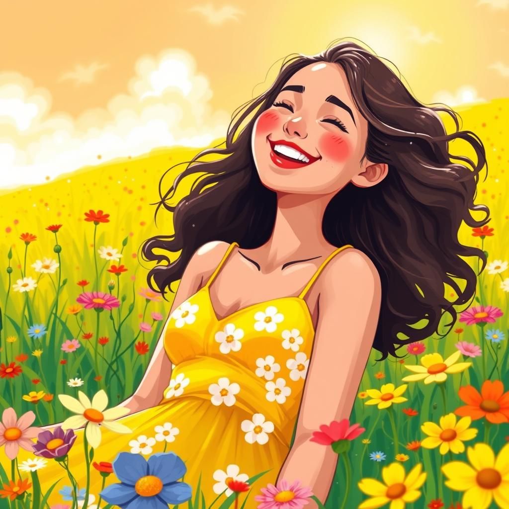 Joyful Woman in Sunny Meadow, Whimsical Art
