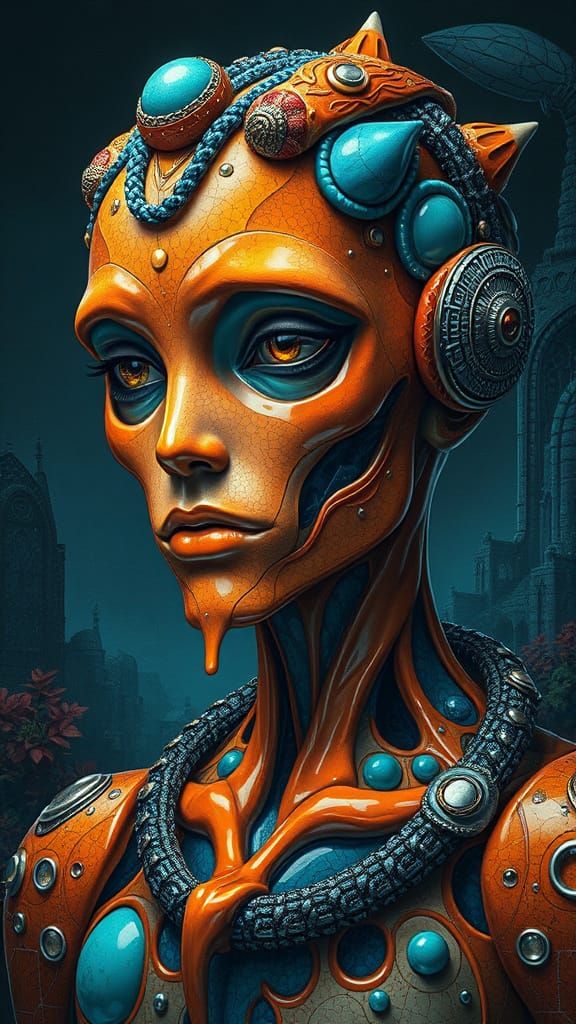 Glossy Humanoid Figure with Alien Architecture