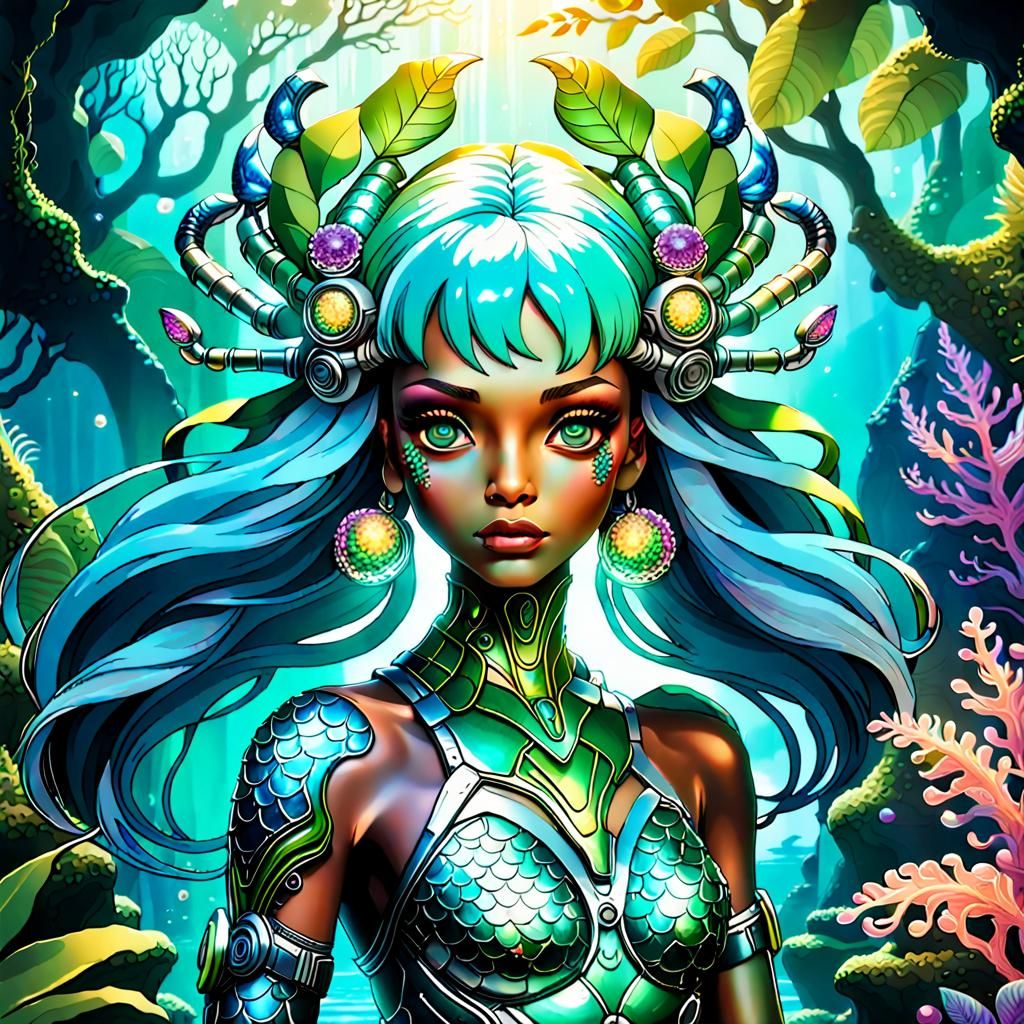 Biopunk Mermaid Goddess in Luminous Jungle Realm