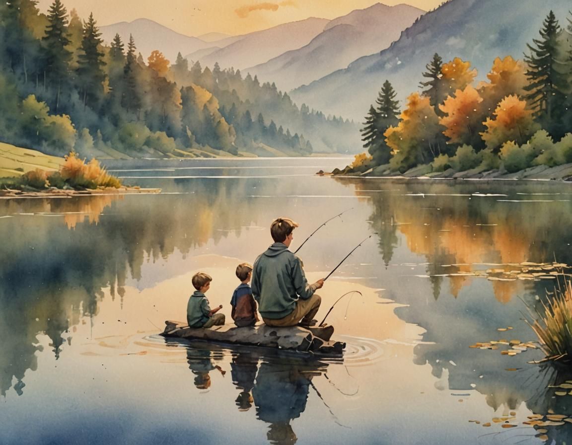 Watercolor Father and Son Fishing at Sunrise