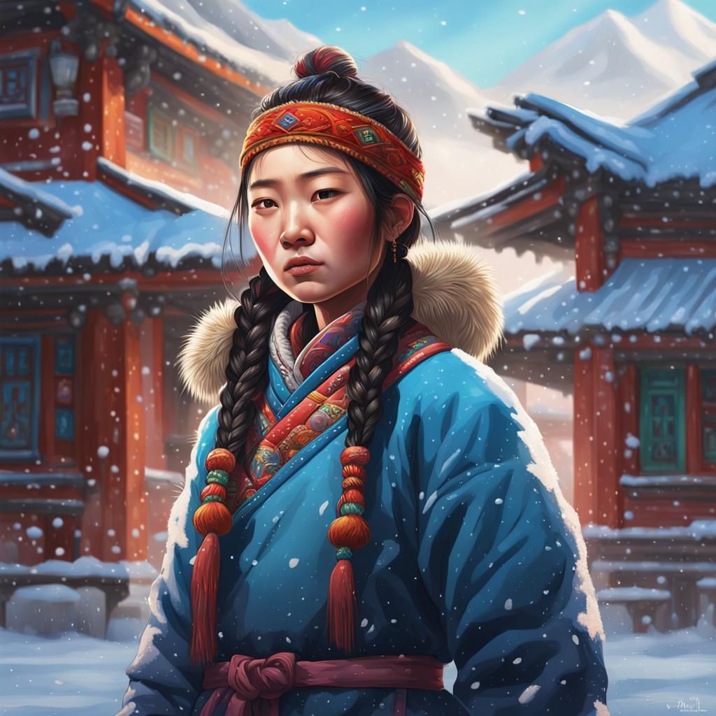 Mongolian Girl in Snowy Landscape: Hyperrealistic Art