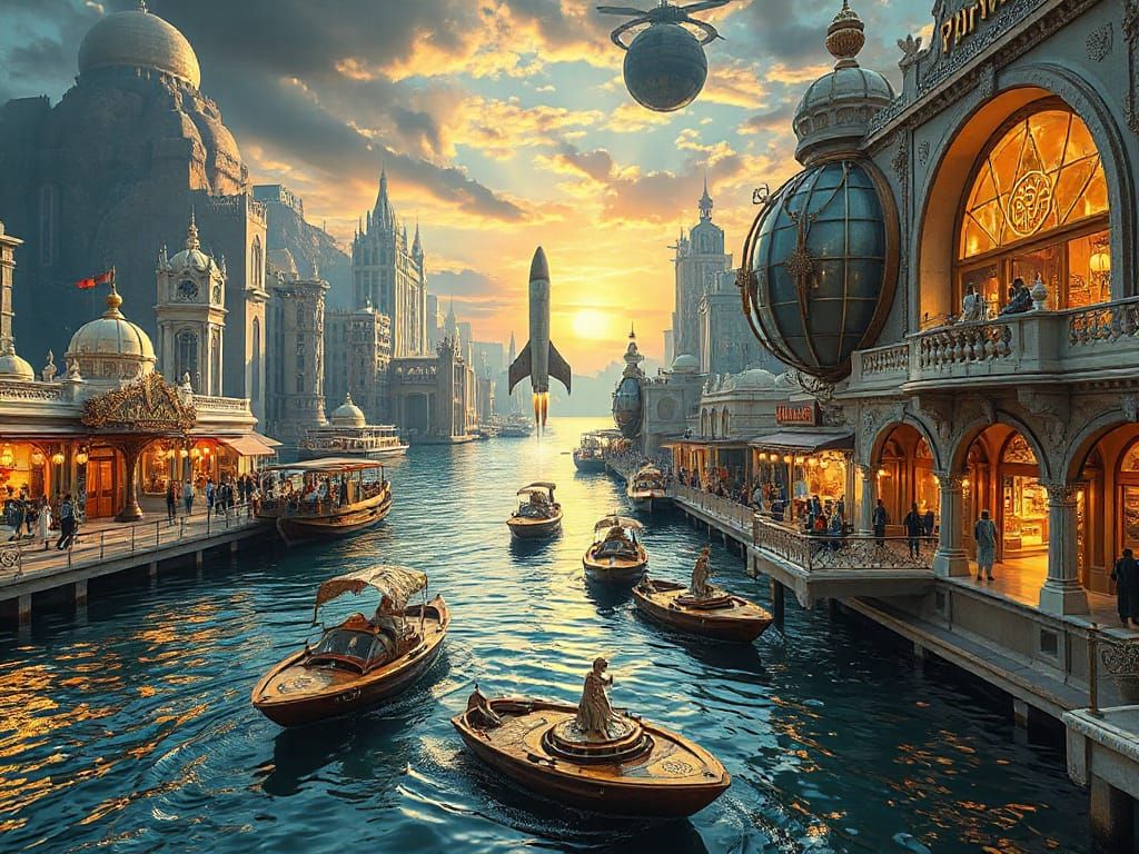 Retrofuture Cityscape with Escher Temples and Atomic Relics