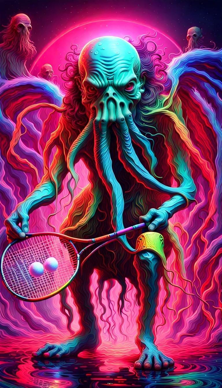 A psychedelic rainbow multi-colored scary depiction of Cthulhu clobbers the Shuttlecock unbelievably hard with his racqu...