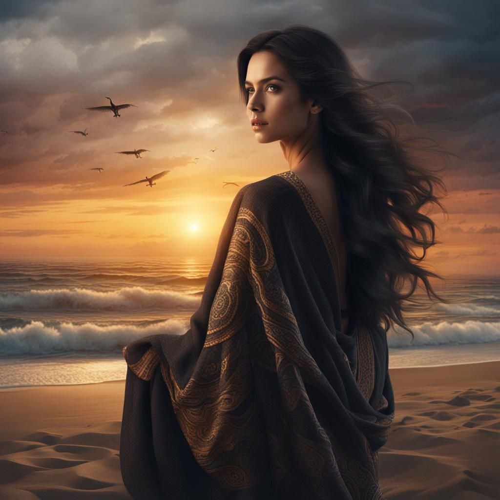 Woman on Beach at Sunset: Digital Matte Painting