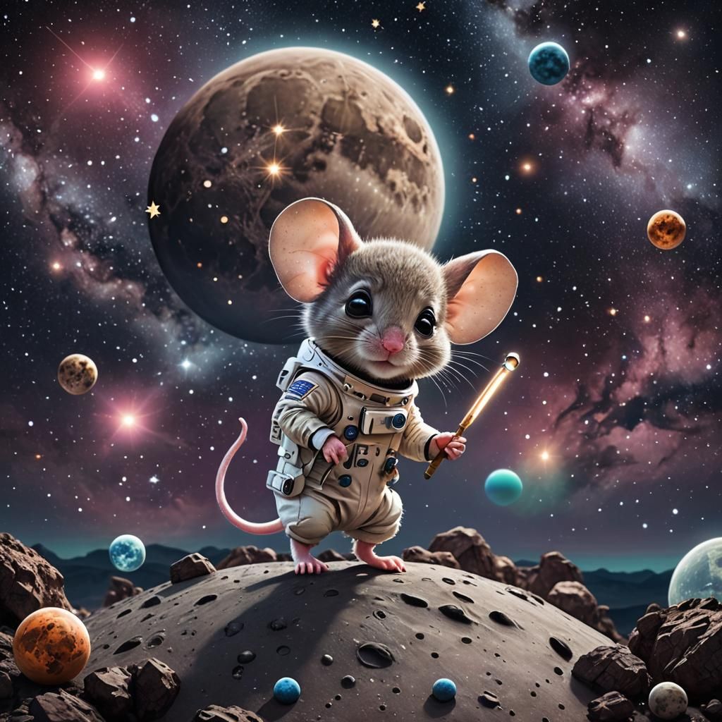 Hyperrealistic Chibi Mouse on Moon with Northern Lights