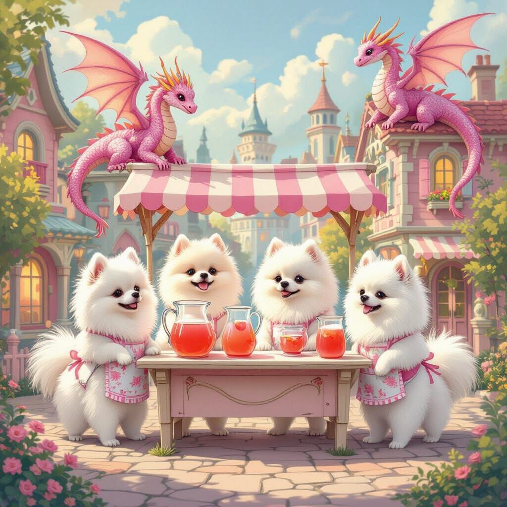 Pomeranians Sell Pink Lemonade In Mystical Town With Dragons