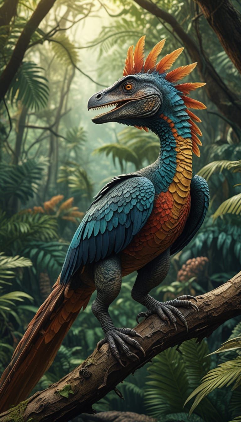 Prehistoric Feathered Theropod Perched in a Mesozoic Forest