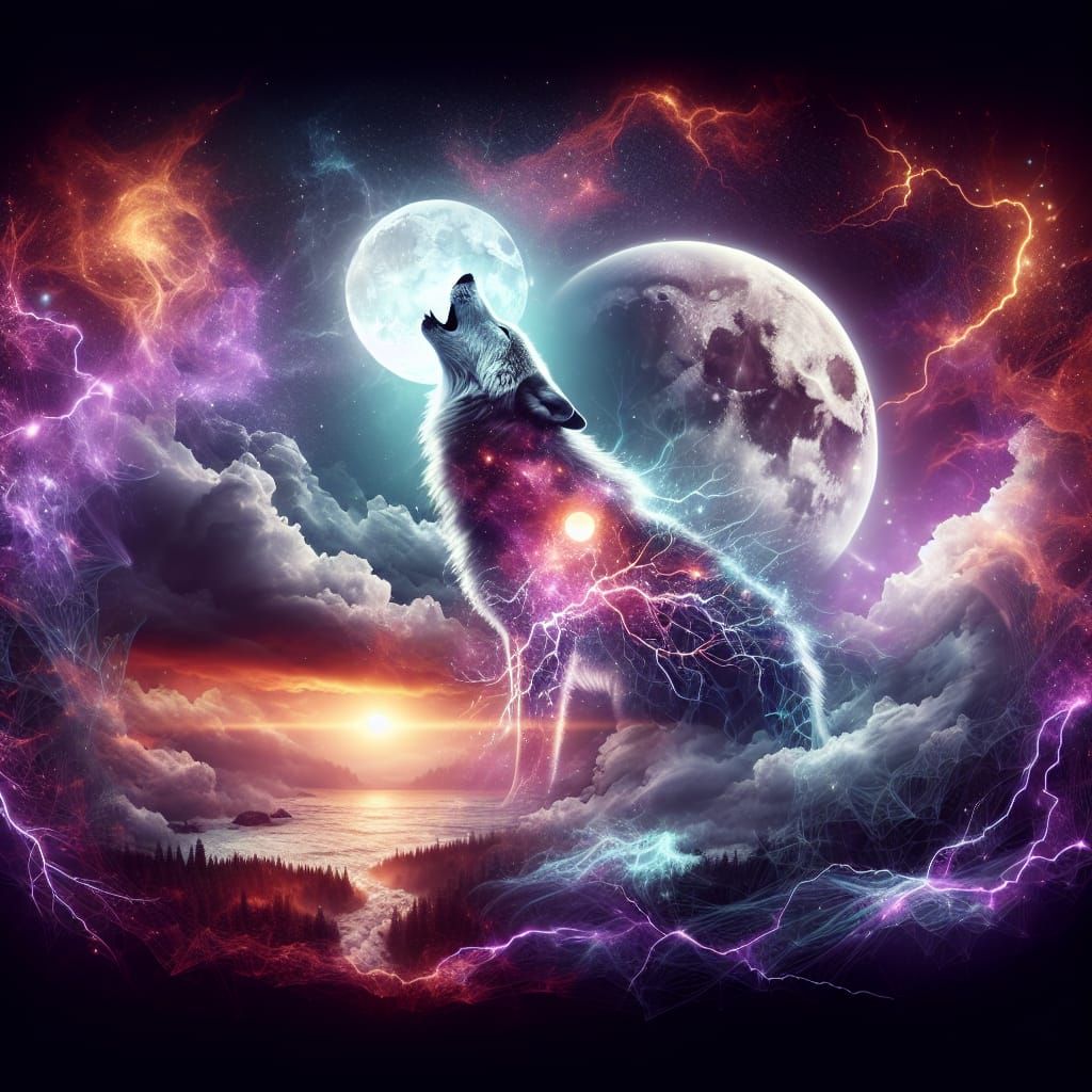 Double exposure. Wolf howling to the moon during a thunderst...