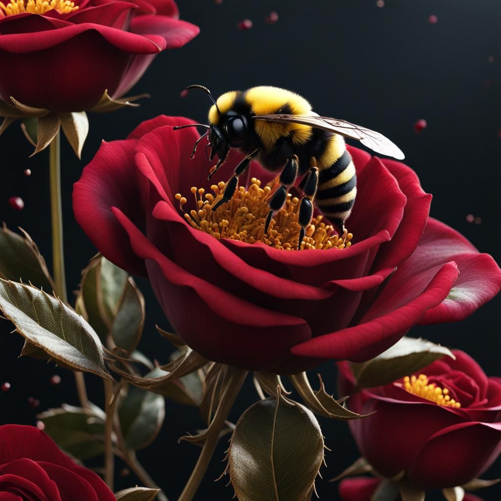 Bumble Bee on Dark Red Rose: Fantasy Art