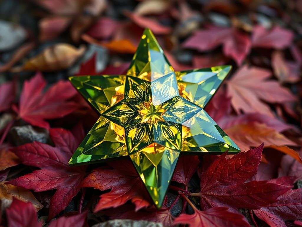 Sphene Gemstone Star on Maple Leaves