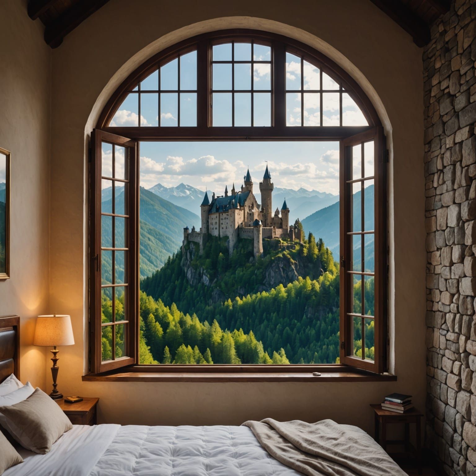 Elegant Castle Bedroom with Majestic Mountain View