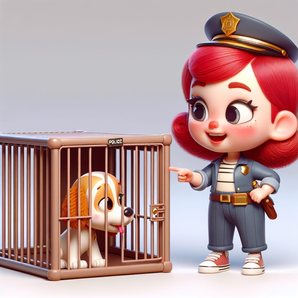 Disney Pixar style 3D adorable little girl dressed as a police officer, red hair styled like a 70s Angela Dickinson, sta...
