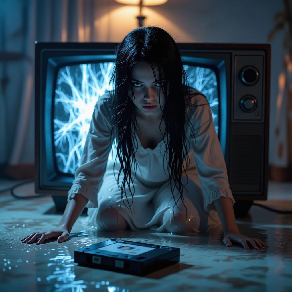 Girl Crawls From Static TV in Eerie Horror Scene