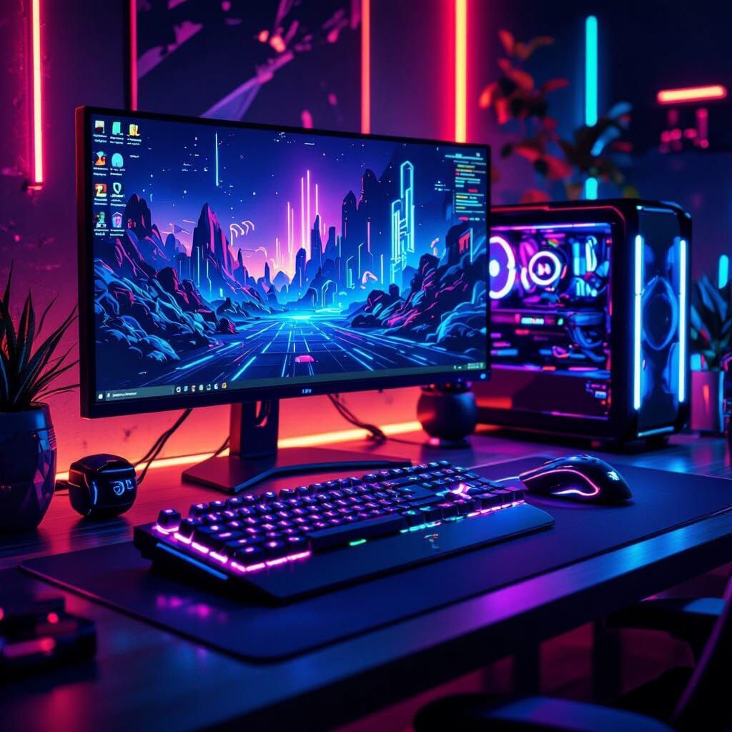 Futuristic Neon Gaming Setup in Cyberpunk Style