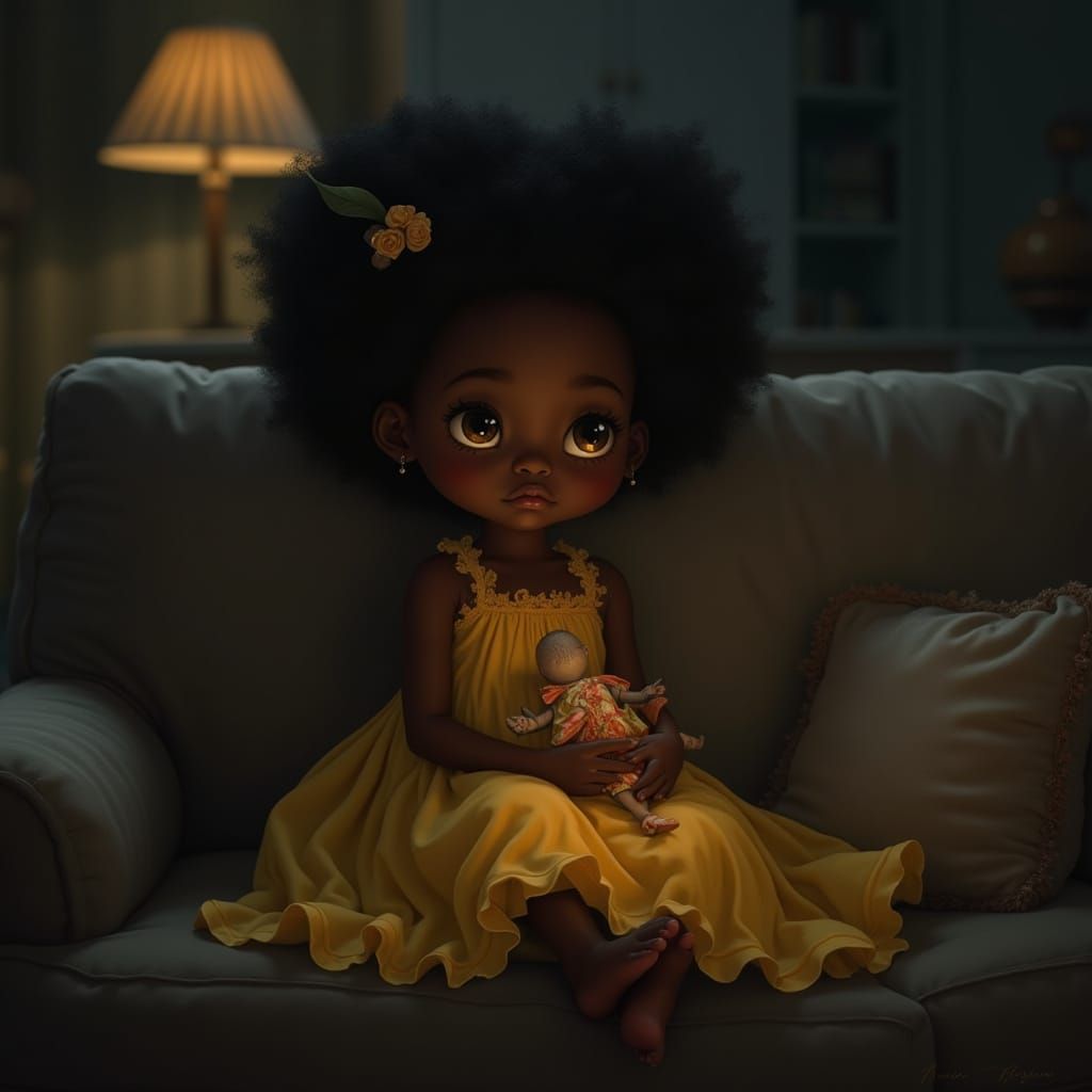 Glowing African Girl with Doll in Dimly Lit Room
