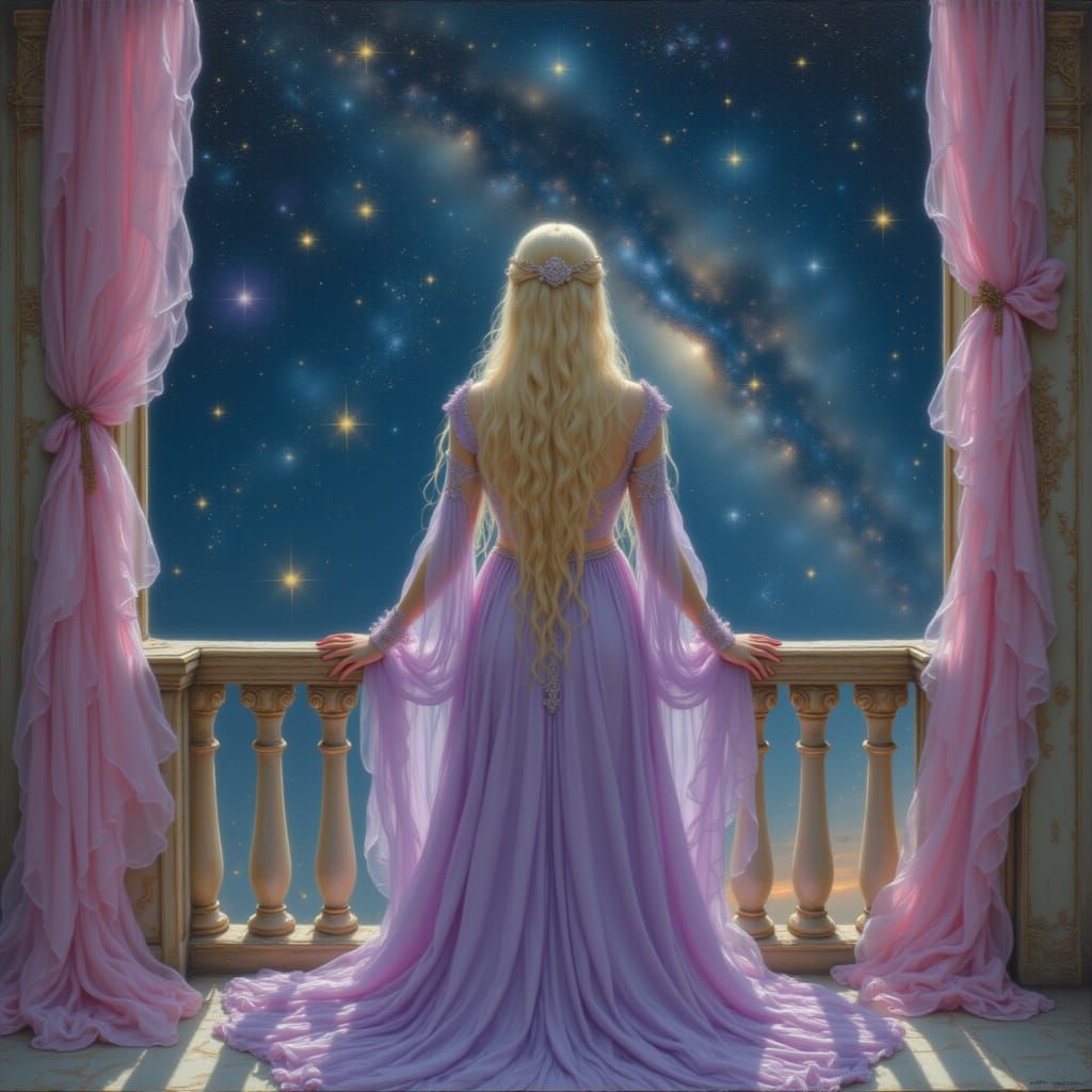Princess Gazes at Cosmic Galaxy from Balcony in Lilac Gown