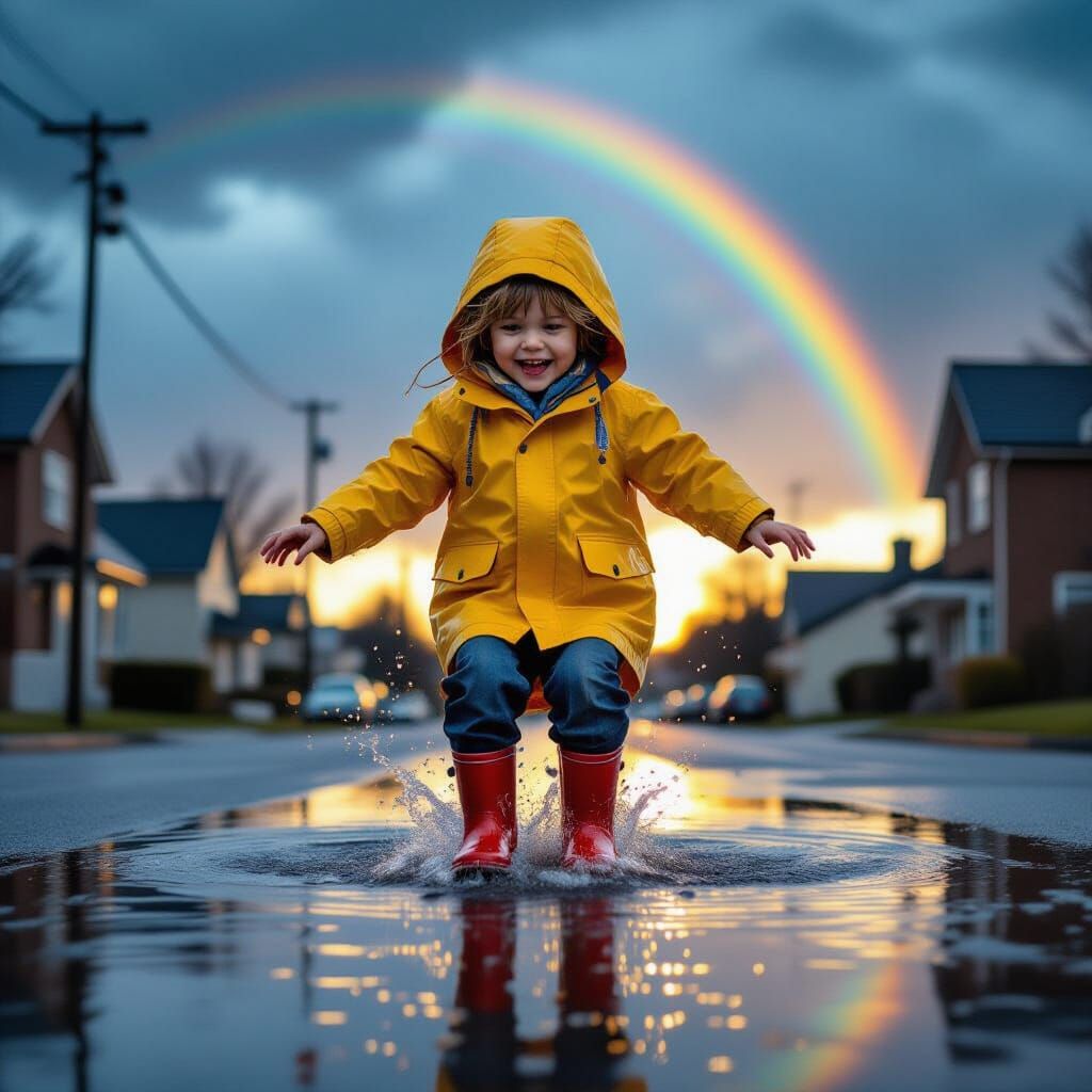 Child's Joyful Puddle Jump on Rainy Evening