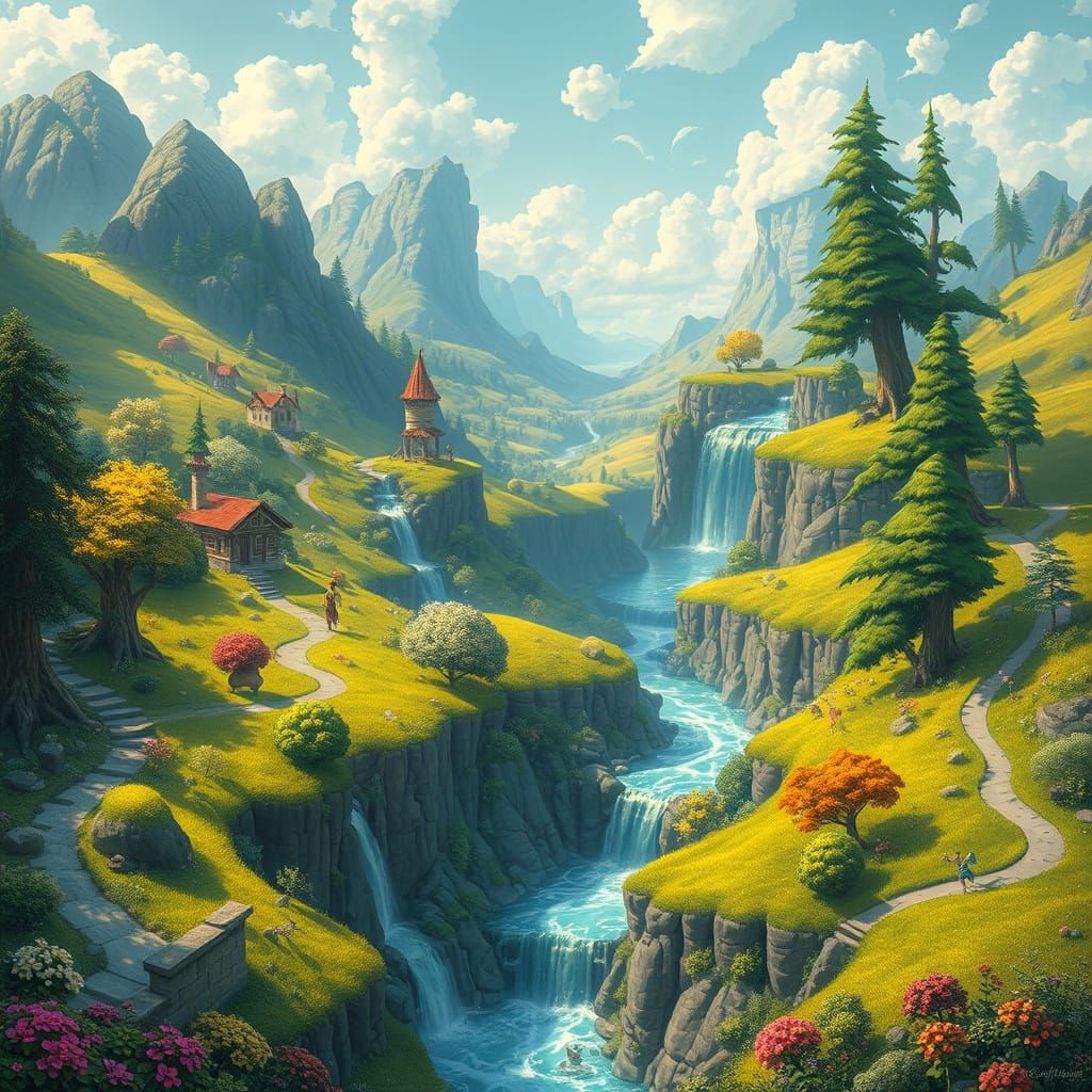 Vibrant Fantasy Landscape with Waterfalls and Trees