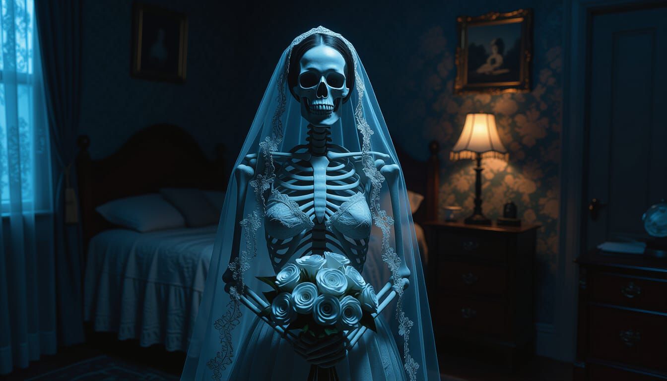 Ethereal Skeleton Bride in Decayed Victorian Room