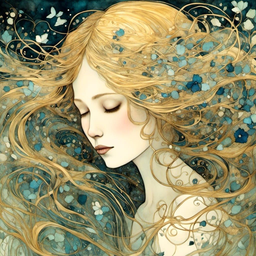 Ethereal Maiden with Golden Hair and Blue Flowers