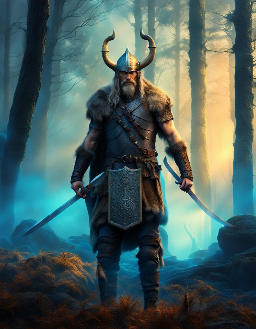 Viking Warrior in Misty Forest, Fantasy Art