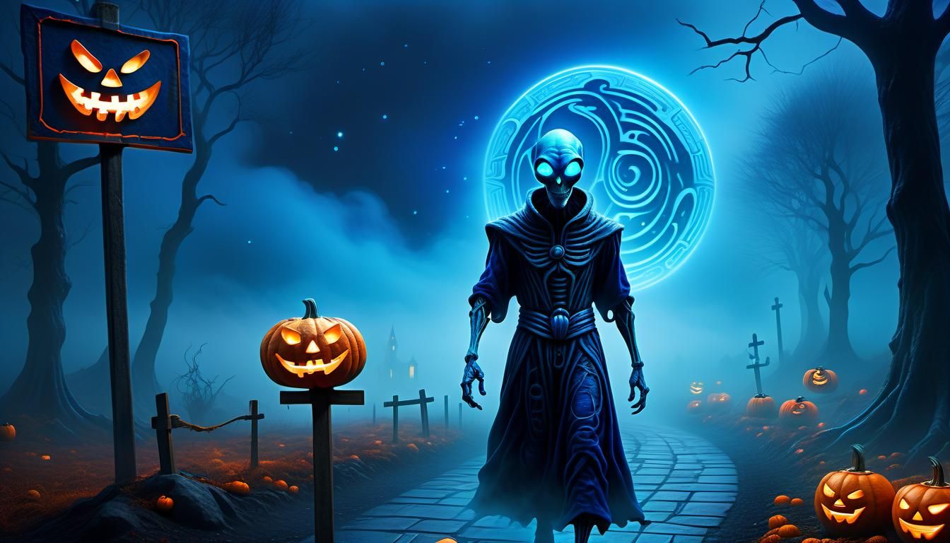 Alien Jack o'Lantern in a Foggy Landscape