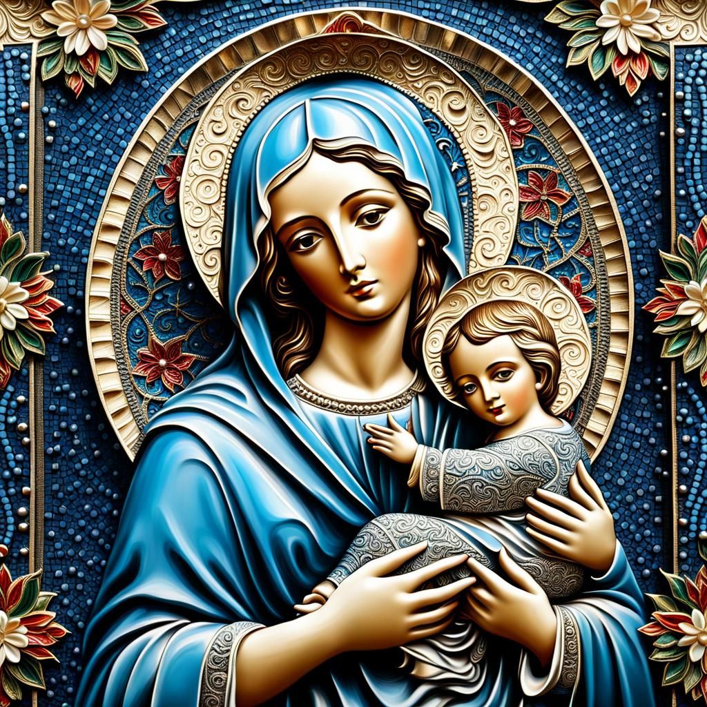 Mary and Jesus Embossed Ironwork Mosaic