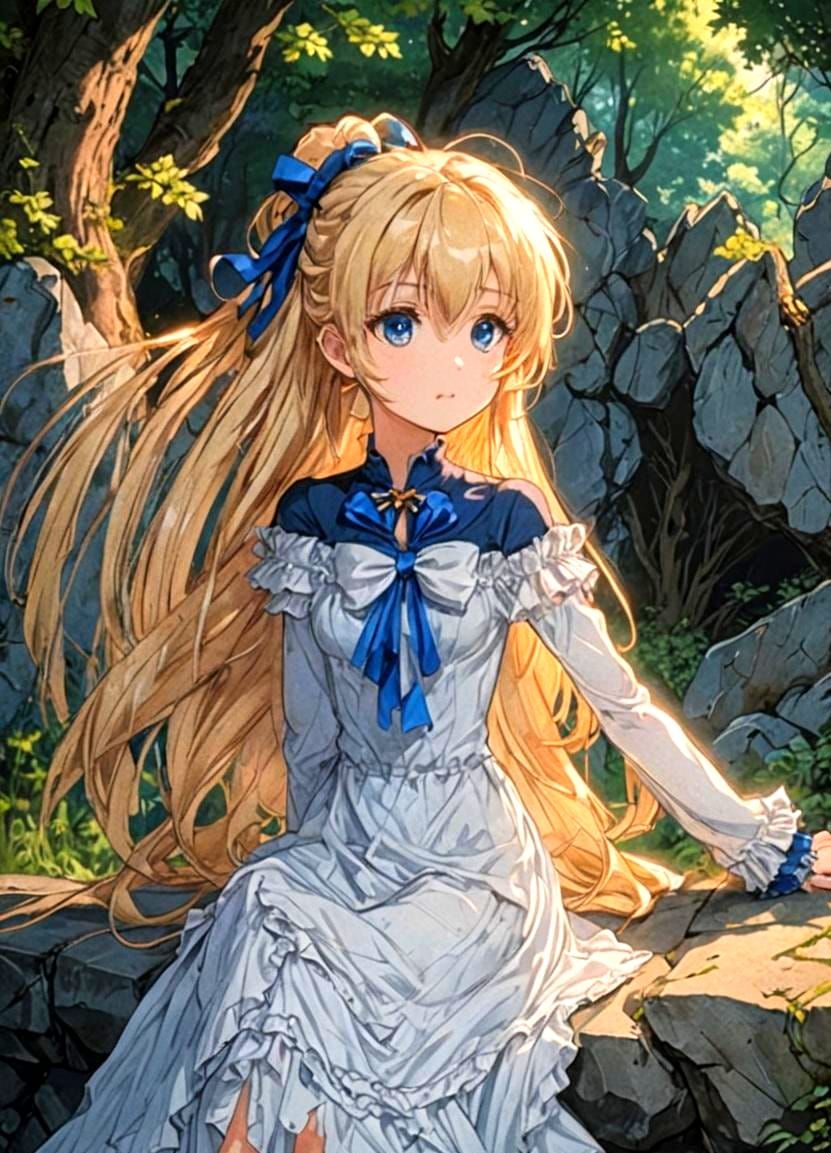 Anime Woman on Stone Wall in Forest