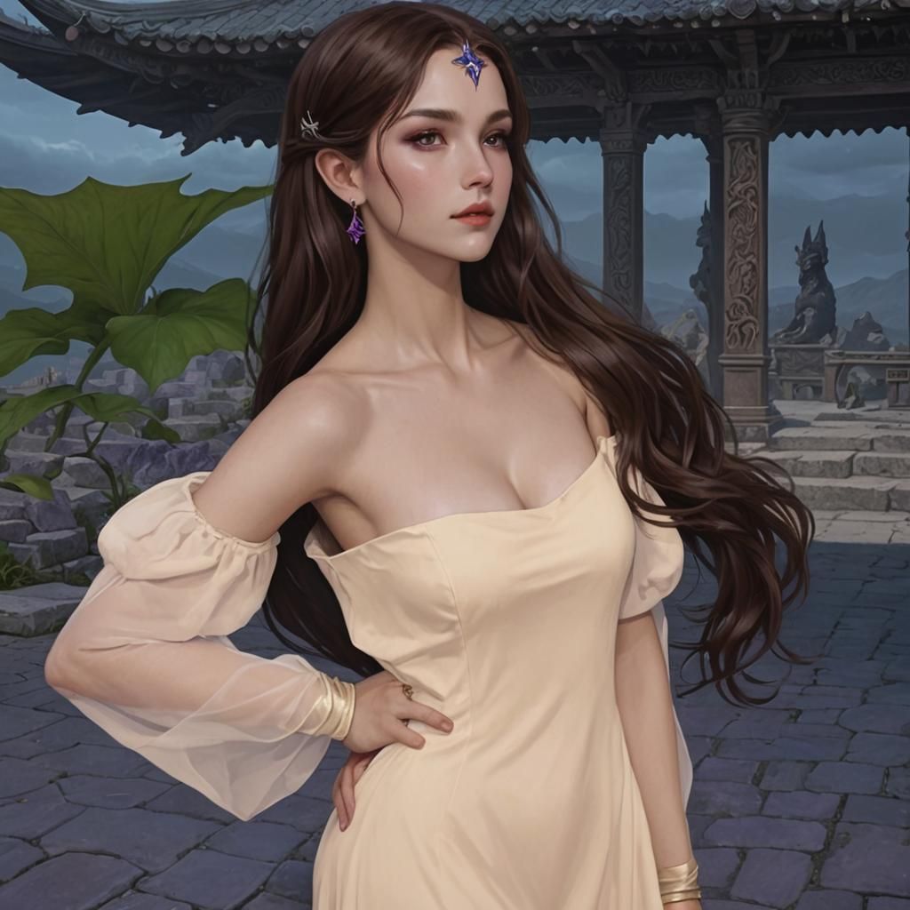Goddess Sorceress with Dragon Features in Purple Dress