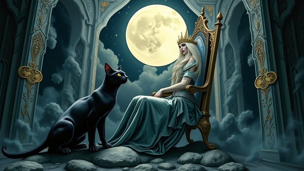 Elven Queen and Giant Black Cat on Throne